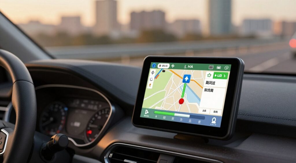 A close-up view of a modern GPS navigation device displaying a software update progress bar. In the foreground, the GPS screen shows a vibrant interface with graphical icons for maps and updates, exuding a sense of advanced technology. The middle background features a dashboard of a car, illuminated by soft ambient light, emphasizing the device as a critical tool for navigation. On the background, a blurry image of a cityscape suggests travel and exploration, with hints of roads and highways fading into the distance. The entire scene is bathed in warm lighting, creating a reassuring and informative atmosphere, ideal for illustrating the importance of keeping navigation devices updated. The composition is captured from a slight overhead angle to showcase both the device and its sleek installation in the car's dashboard.