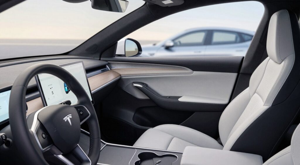 A close-up view of a modern car interior focusing on advanced safety features. In the foreground, display a sleek dashboard featuring a digital screen with safety alerts and a detailed view of a steering wheel equipped with various controls for safety functions. The middle ground reveals the car's safety seat with integrated airbags and a safety belt system, emphasizing comfort and protection. In the background, a subtle representation of the vehicle's exterior can be seen, parked in a safe environment, reflecting bright daylight that illuminates the scene evenly. The mood is reassuring and technological, conveying a sense of reliability and modernity in automotive safety. Use a wide-angle lens for depth, focusing sharply on the details of the safety features.