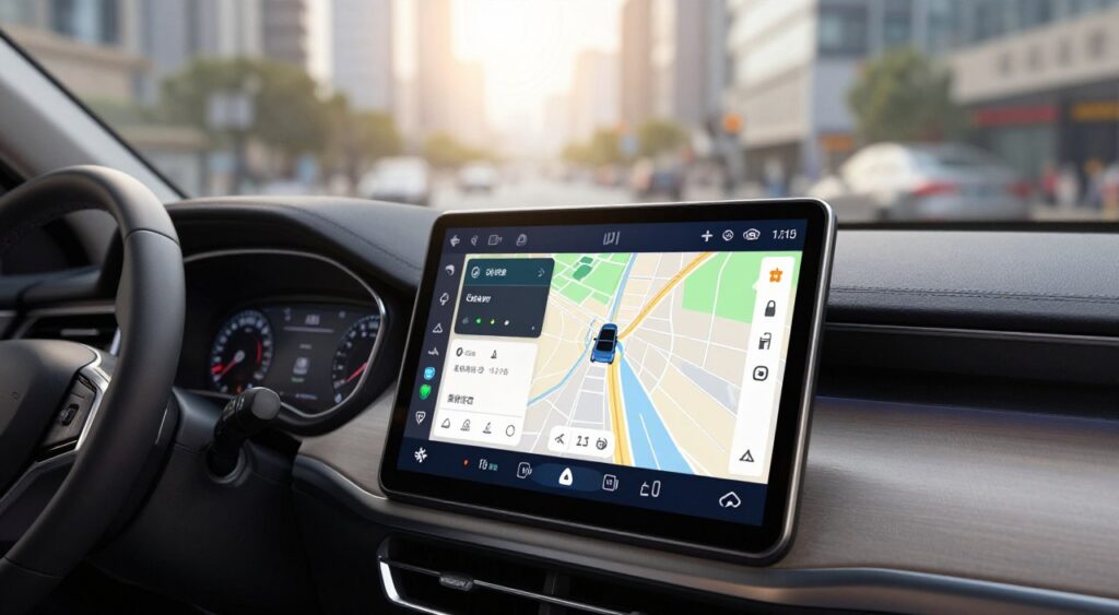 A close-up view of a modern car navigation system displayed on a sleek dashboard, featuring a high-tech touchscreen interface with vibrant graphics and real-time GPS data. The foreground showcases the navigation unit with clear details of the menu options and map view. In the middle ground, the dashboard includes dials and controls, all elegantly designed with a luxurious finish. The background is a soft-focus image of a busy cityscape visible through tinted car windows, with sunlight filtering in, creating a warm and inviting atmosphere. The overall mood is advanced technology and convenience, emphasizing the choice between traditional GPS units and smartphone apps. The angle is a slightly elevated and diagonal perspective, enhancing the depth of the scene.