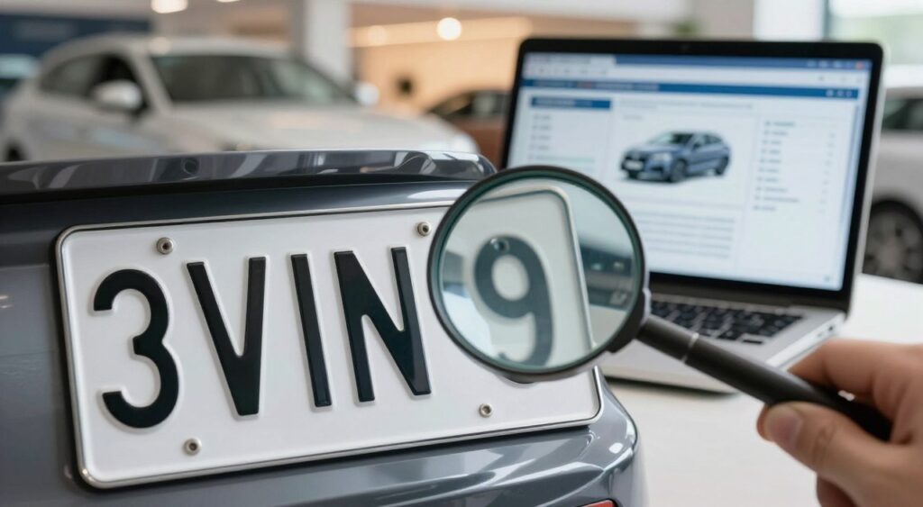A close-up view of a modern vehicle identification number (VIN) plate, prominently displaying the alphanumeric characters in sharp detail. The foreground features a magnifying glass hovering over the VIN to emphasize its significance in vehicle history. In the middle, an open laptop displays a vehicle history report on the screen, showcasing graphics and data analytics related to the VIN. The background contains a blurred image of a car dealership, softly lit with a warm glow, suggesting a professional environment. The overall mood is informative and serious, reflecting the importance of understanding vehicle history. Soft, diffused lighting highlights the details of the VIN and laptop, with a slight vignette effect to draw focus to the central elements.
