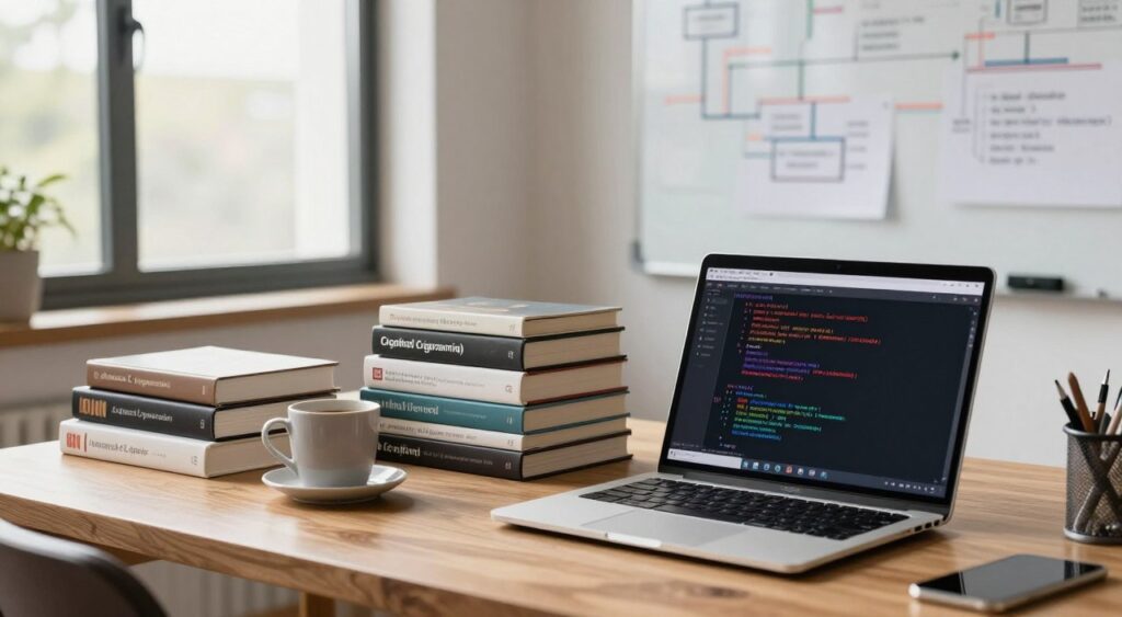 A close-up view of a modern workspace featuring an elegant wooden desk cluttered with various C programming libraries neatly organized. In the foreground, an open laptop displays code with colorful syntax highlighting. To the left, a stack of books on advanced C programming techniques lies beside a coffee mug. In the middle ground, a large window allows natural light to illuminate the scene, creating a warm atmosphere. The background shows a whiteboard covered with diagrams and flowcharts related to programming concepts. The overall mood is one of focus and productivity, with soft shadows enhancing the details, shot with a shallow depth of field to emphasize the workspace elements.