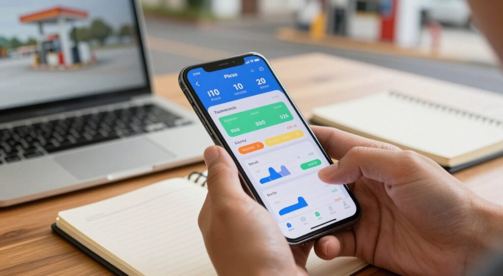 A close-up view of a smartphone displaying a user-friendly interface for fuel prices tracking apps. The foreground features hands holding the phone, showcasing colorful graphs and real-time fuel price data. In the middle ground, a laptop and notepad are partially visible on a wooden table, suggesting a workspace ambiance. The background includes a blurred road or gas station, hinting at the theme of fuel prices. Soft, warm lighting creates an inviting atmosphere, emphasizing the practicality of the app. The angle is slightly tilted to enhance depth, making the scene dynamic yet professional, encouraging a sense of immediacy and relevance in tracking fuel prices.