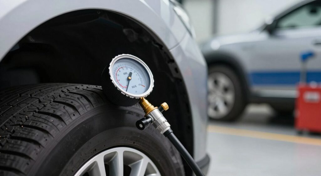 A close-up view of a tire pressure gauge being used on a car tire, prominently displayed in the foreground. The gauge is sleek and modern, with a clear digital readout showing the precise tire pressure. In the middle ground, a well-maintained car is partially visible, emphasizing the importance of tire maintenance. The background features a blurred garage environment, with tools and equipment subtly enhancing the theme of car care. Soft, diffused lighting creates a professional and clean atmosphere, highlighting the precision of the gauge. The image conveys a sense of care and responsibility towards vehicle maintenance, ideal for emphasizing the importance of tire upkeep. A close-up view of a tire pressure gauge being used on a car tire, prominently displayed in the foreground. The gauge is sleek and modern, with a clear digital readout showing the precise tire pressure. In the middle ground, a well-maintained car is partially visible, emphasizing the importance of tire maintenance. The background features a blurred garage environment, with tools and equipment subtly enhancing the theme of car care. Soft, diffused lighting creates a professional and clean atmosphere, highlighting the precision of the gauge. The image conveys a sense of care and responsibility towards vehicle maintenance, ideal for emphasizing the importance of tire upkeep.
