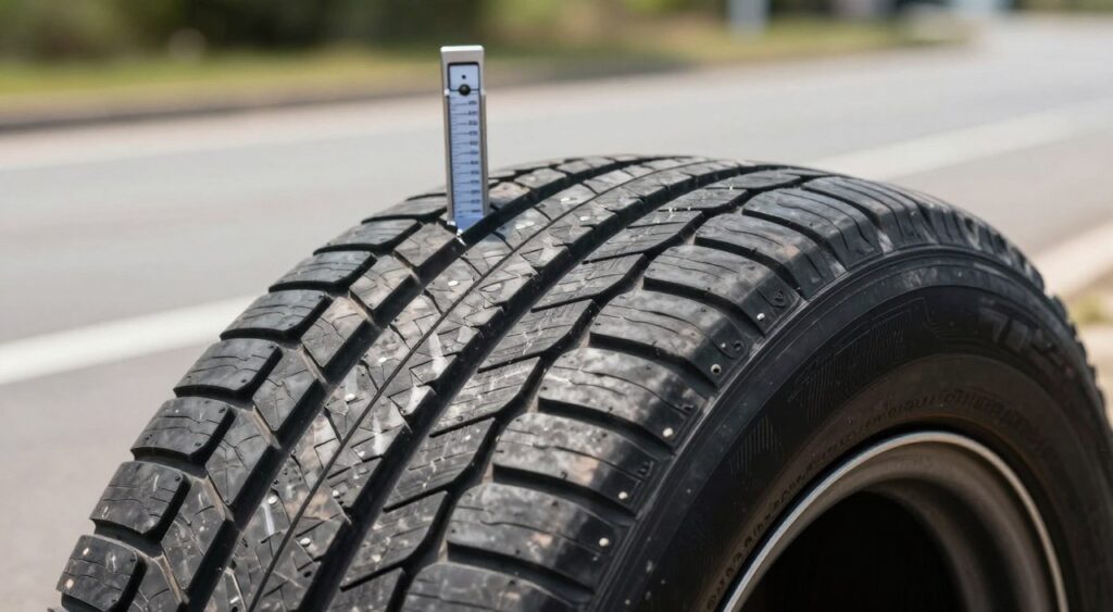 A close-up view of a tire with clear, detailed tread patterns, showcasing various depths to illustrate wear and tear. In the foreground, emphasize the grooves of the tire tread, highlighting both shallow and deep sections to convey the message of tread depth. The middle ground should include a measuring tool, such as a tread depth gauge, positioned beside the tire for a practical context. In the background, softly blurred, display an outdoor scene of a well-maintained road to suggest safety and performance. Use natural daylight to create a bright and informative mood, capturing the essence of road readiness. The composition should have a slight angle, enhancing the focus on the tire’s details while ensuring a clean, professional atmosphere. A close-up view of a tire with clear, detailed tread patterns, showcasing various depths to illustrate wear and tear. In the foreground, emphasize the grooves of the tire tread, highlighting both shallow and deep sections to convey the message of tread depth. The middle ground should include a measuring tool, such as a tread depth gauge, positioned beside the tire for a practical context. In the background, softly blurred, display an outdoor scene of a well-maintained road to suggest safety and performance. Use natural daylight to create a bright and informative mood, capturing the essence of road readiness. The composition should have a slight angle, enhancing the focus on the tire’s details while ensuring a clean, professional atmosphere.