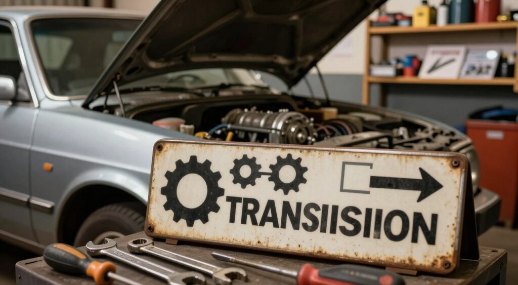 A close-up view of a weathered transmission repair sign, prominently displaying symbols like gears and arrows, in a mechanic's garage setting. In the foreground, the sign is partially obscured by tools like wrenches and screwdrivers, creating a sense of depth. The middle ground features a vintage car with its hood open, revealing the transmission system, lit by warm, ambient lighting to evoke a cozy yet industrious atmosphere. In the background, shelves packed with auto parts and repair manuals can be seen, softly blurred to keep focus on the sign and the car. The overall mood is inviting and informative, reflecting the importance of transmission maintenance. A close-up view of a weathered transmission repair sign, prominently displaying symbols like gears and arrows, in a mechanic's garage setting. In the foreground, the sign is partially obscured by tools like wrenches and screwdrivers, creating a sense of depth. The middle ground features a vintage car with its hood open, revealing the transmission system, lit by warm, ambient lighting to evoke a cozy yet industrious atmosphere. In the background, shelves packed with auto parts and repair manuals can be seen, softly blurred to keep focus on the sign and the car. The overall mood is inviting and informative, reflecting the importance of transmission maintenance.