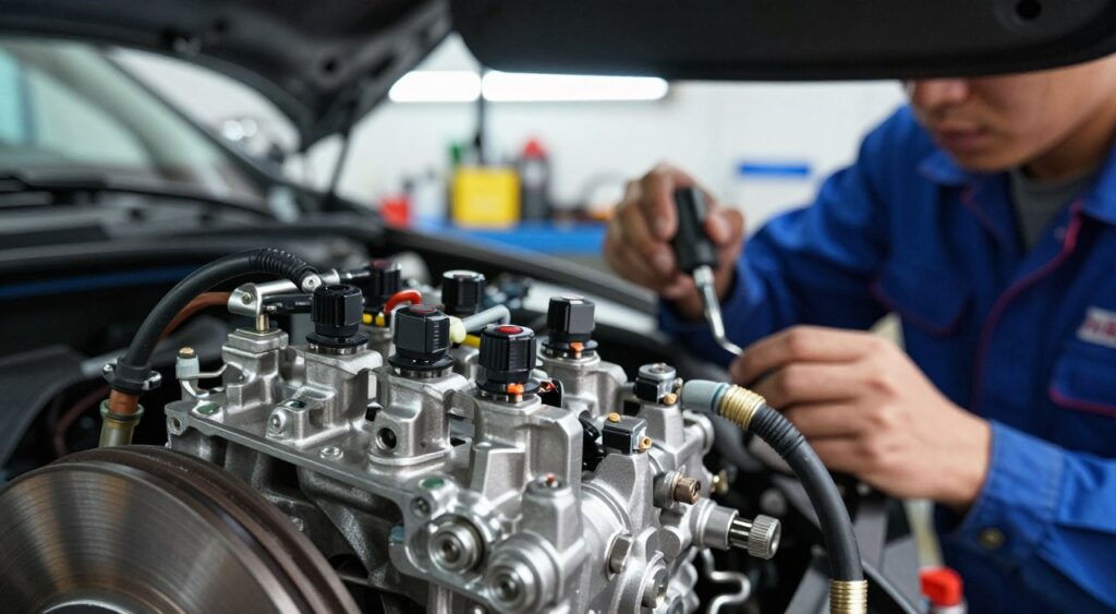A close-up view of an Anti-Lock Braking System (ABS) component, showcasing intricate details of the hydraulic control unit and sensors connected to brake lines. In the foreground, depict shiny metal parts with visible textures and wires, emphasizing precision engineering. The middle layer should include a mechanic's hands in professional attire, intently examining the system with tools in hand, highlighting the human element of vehicle safety. The background features a softly blurred workshop environment, with tools and car parts illuminated by bright, diffused lighting. The atmosphere is technical and focused, illustrating the importance of ABS in promoting vehicle safety. Use a wide-angle lens effect to capture the detail and depth of the system. A close-up view of an Anti-Lock Braking System (ABS) component, showcasing intricate details of the hydraulic control unit and sensors connected to brake lines. In the foreground, depict shiny metal parts with visible textures and wires, emphasizing precision engineering. The middle layer should include a mechanic's hands in professional attire, intently examining the system with tools in hand, highlighting the human element of vehicle safety. The background features a softly blurred workshop environment, with tools and car parts illuminated by bright, diffused lighting. The atmosphere is technical and focused, illustrating the importance of ABS in promoting vehicle safety. Use a wide-angle lens effect to capture the detail and depth of the system.