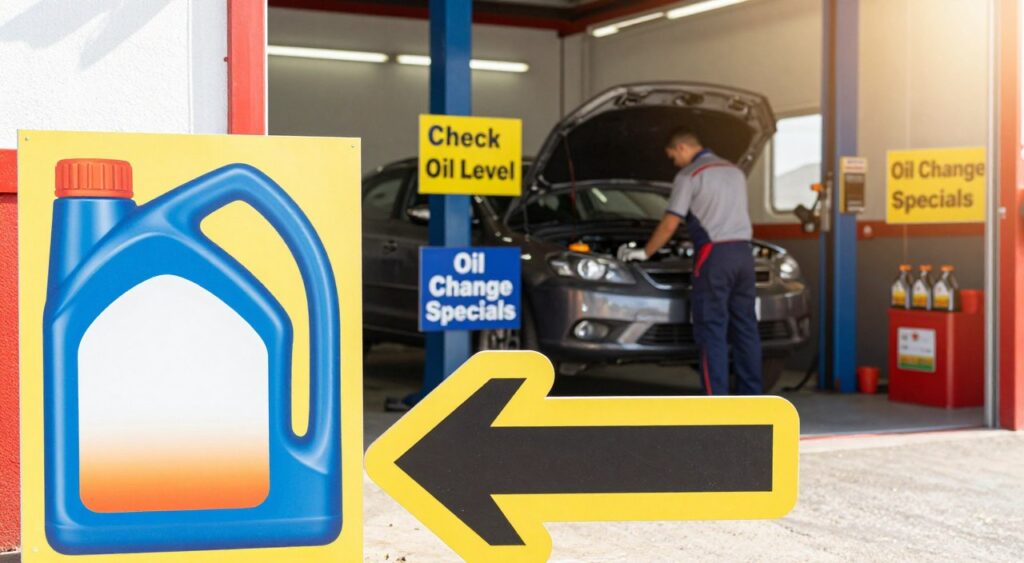 A close-up view of an automotive service station, prominently featuring an assortment of colorful oil change signs strategically placed around the area. The foreground shows a bright, eye-catching sign with a colorful oil can graphic and a bold arrow pointing towards the service bay. In the middle ground, a mechanic in professional attire examines a car’s engine, surrounded by more signs indicating services like “Check Oil Level” and “Oil Change Specials.” The background includes a clean, well-lit garage environment with visible tools and oil containers. The scene is bright and inviting, emphasizing a sense of reliability and immediacy, with natural sunlight spilling in to give it a warm atmosphere.