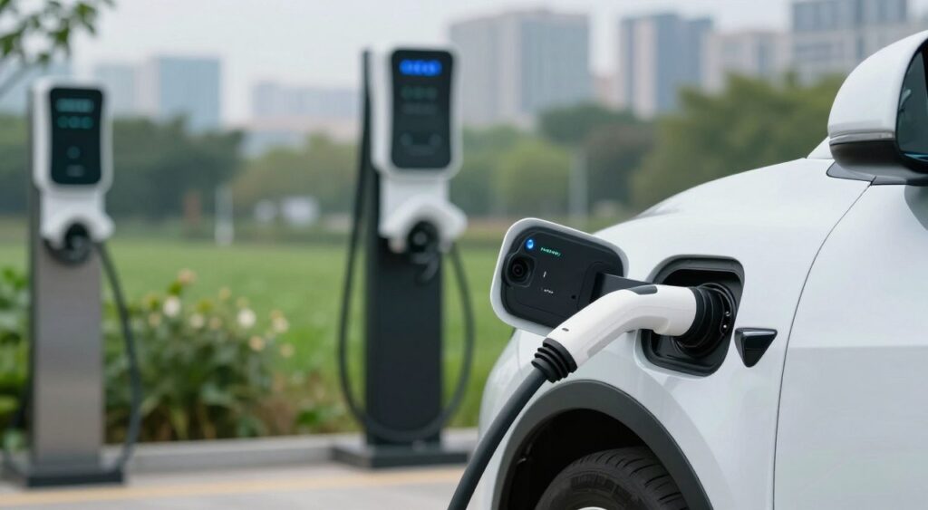 A close-up view of an electric vehicle being charged at a modern charging station, with the vehicle’s sleek design reflecting a futuristic aesthetic. In the foreground, the charging cable is visibly connecting to the car, with illuminated LED indicators showing charging status. The middle ground features a clean, high-tech charging station surrounded by greenery, symbolizing eco-friendliness. In the background, a cityscape can be seen, highlighting urban integration of electric vehicles. Soft, natural lighting creates a hopeful atmosphere, and a shallow depth of field blurs the background slightly, emphasizing the vehicle and charging station. The scene conveys innovation and reassurance, addressing range anxiety with a sense of accessibility and confidence in electric mobility. A close-up view of an electric vehicle being charged at a modern charging station, with the vehicle’s sleek design reflecting a futuristic aesthetic. In the foreground, the charging cable is visibly connecting to the car, with illuminated LED indicators showing charging status. The middle ground features a clean, high-tech charging station surrounded by greenery, symbolizing eco-friendliness. In the background, a cityscape can be seen, highlighting urban integration of electric vehicles. Soft, natural lighting creates a hopeful atmosphere, and a shallow depth of field blurs the background slightly, emphasizing the vehicle and charging station. The scene conveys innovation and reassurance, addressing range anxiety with a sense of accessibility and confidence in electric mobility.