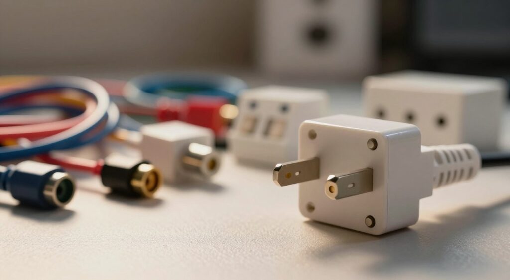 A close-up view of an electrical plug, prominently displayed in the foreground, showcasing its prongs and robust construction with a glossy finish. The plug is set against a lightly textured surface to emphasize its design, while in the middle ground, a selection of various electrical supplies such as wires, connectors, and switches are arranged thoughtfully, hinting at the broader theme of essential electrical equipment. In the background, a subtle bokeh effect creates a blurred ambiance, suggesting a well-lit workshop environment. The scene is illuminated with soft, warm lighting that highlights the plug's details and casts gentle shadows, evoking a mood of professionalism and reliability. The angle is slightly elevated to capture the plug and supplies in a dynamic perspective without any text or distractions. A close-up view of an electrical plug, prominently displayed in the foreground, showcasing its prongs and robust construction with a glossy finish. The plug is set against a lightly textured surface to emphasize its design, while in the middle ground, a selection of various electrical supplies such as wires, connectors, and switches are arranged thoughtfully, hinting at the broader theme of essential electrical equipment. In the background, a subtle bokeh effect creates a blurred ambiance, suggesting a well-lit workshop environment. The scene is illuminated with soft, warm lighting that highlights the plug's details and casts gentle shadows, evoking a mood of professionalism and reliability. The angle is slightly elevated to capture the plug and supplies in a dynamic perspective without any text or distractions.