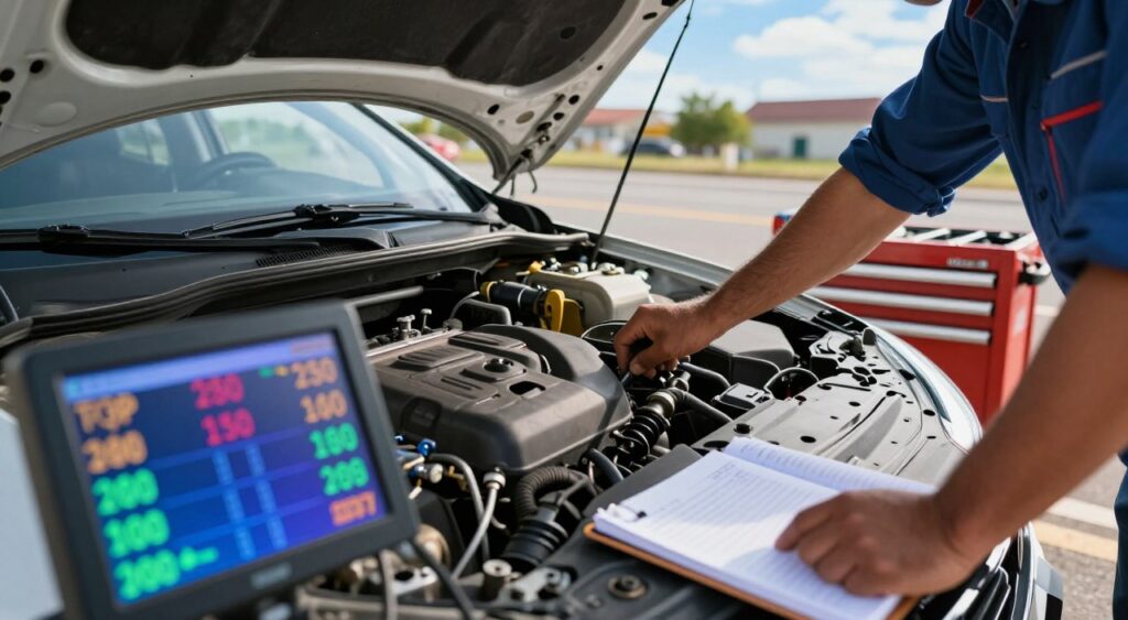 A close-up view of an open car hood with a mechanic inspecting the engine, surrounded by various tools and parts, suggesting urgent repairs. In the foreground, a vibrant digital display shows fluctuating costs and detailed repair estimates, hinting at emergency car repair expenses. The middle ground features an organized toolbox and a notepad with notes on repairs, emphasizing the professionalism of the service. The background shows a busy roadside scene with clear blue skies, hinting at reliability and urgency. The lighting is bright and natural, giving a hopeful and industrious mood. The angle is slightly tilted to enhance the dynamic feeling of action, showcasing the critical nature of emergency repairs. A close-up view of an open car hood with a mechanic inspecting the engine, surrounded by various tools and parts, suggesting urgent repairs. In the foreground, a vibrant digital display shows fluctuating costs and detailed repair estimates, hinting at emergency car repair expenses. The middle ground features an organized toolbox and a notepad with notes on repairs, emphasizing the professionalism of the service. The background shows a busy roadside scene with clear blue skies, hinting at reliability and urgency. The lighting is bright and natural, giving a hopeful and industrious mood. The angle is slightly tilted to enhance the dynamic feeling of action, showcasing the critical nature of emergency repairs.