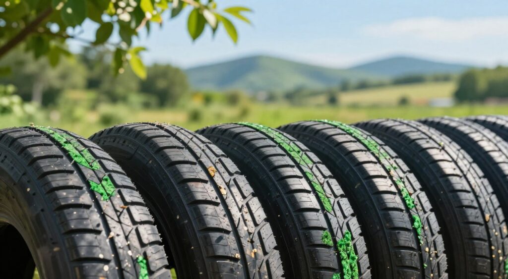 A close-up view of eco-friendly tires, showcasing innovative tread patterns and green materials. In the foreground, the tires are prominently displayed with textures that suggest sustainability, featuring recycled rubber and organic compounds. The middle ground highlights a scenic outdoor setting with lush greenery, symbolizing the eco-conscious aspect, and soft sunlight filters through the leaves, casting gentle, dappled shadows on the tires. The background includes a blurred landscape of rolling hills and a clear blue sky, enhancing the natural theme. The overall mood is vibrant and hopeful, emphasizing the commitment to environmentally friendly transportation solutions. Use natural lighting to enhance colors and textures, capturing the essence of sustainability in automotive technology. A close-up view of eco-friendly tires, showcasing innovative tread patterns and green materials. In the foreground, the tires are prominently displayed with textures that suggest sustainability, featuring recycled rubber and organic compounds. The middle ground highlights a scenic outdoor setting with lush greenery, symbolizing the eco-conscious aspect, and soft sunlight filters through the leaves, casting gentle, dappled shadows on the tires. The background includes a blurred landscape of rolling hills and a clear blue sky, enhancing the natural theme. The overall mood is vibrant and hopeful, emphasizing the commitment to environmentally friendly transportation solutions. Use natural lighting to enhance colors and textures, capturing the essence of sustainability in automotive technology.