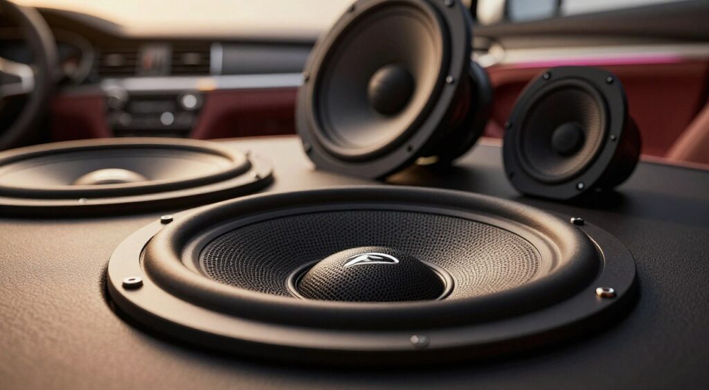 A close-up view of high-quality car speakers, showcasing their intricate design and features. In the foreground, focus on one prominently placed speaker with a sleek black finish and metallic accents, emphasizing the detailed mesh grille and logo. In the middle ground, incorporate additional speakers in various placements, hinting at an upgraded audio system. The background should feature a stylish car interior, with soft ambient lighting reflecting off the dashboard, creating an inviting atmosphere. Use a warm color palette to evoke a sense of excitement and innovation, capturing the essence of car audio upgrades. The image should be taken from a low angle to emphasize the speakers' importance in enhancing sound quality. Ensure clarity and sharpness throughout the image.
