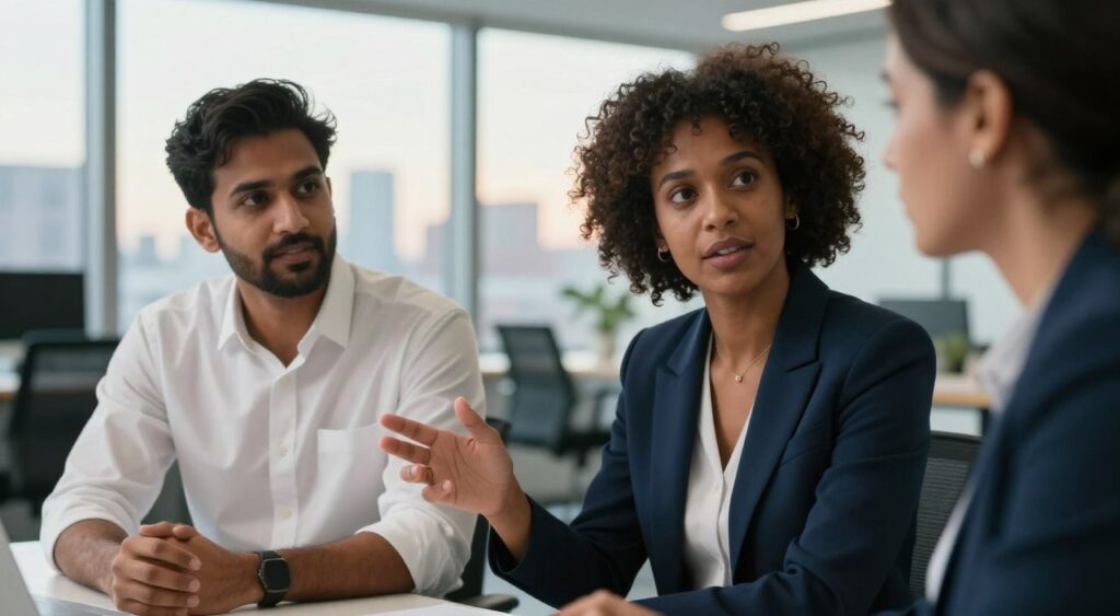 A close-up view of two diverse professionals engaged in a deep discussion in a bright, modern office setting. In the foreground, one person, a Black woman in a tailored navy blue blazer, gestures with her hand to emphasize a point, while a South Asian man in a crisp white shirt with rolled-up sleeves listens intently, nodding. Their expressions convey focus and understanding. The middle ground features a large, glass window revealing a city skyline bathed in soft afternoon light, casting a warm glow across the room. The background consists of sleek office furniture and a plant, enhancing the professional atmosphere. The overall mood is one of collaboration and clarity, highlighting the pivotal role of effective communication.