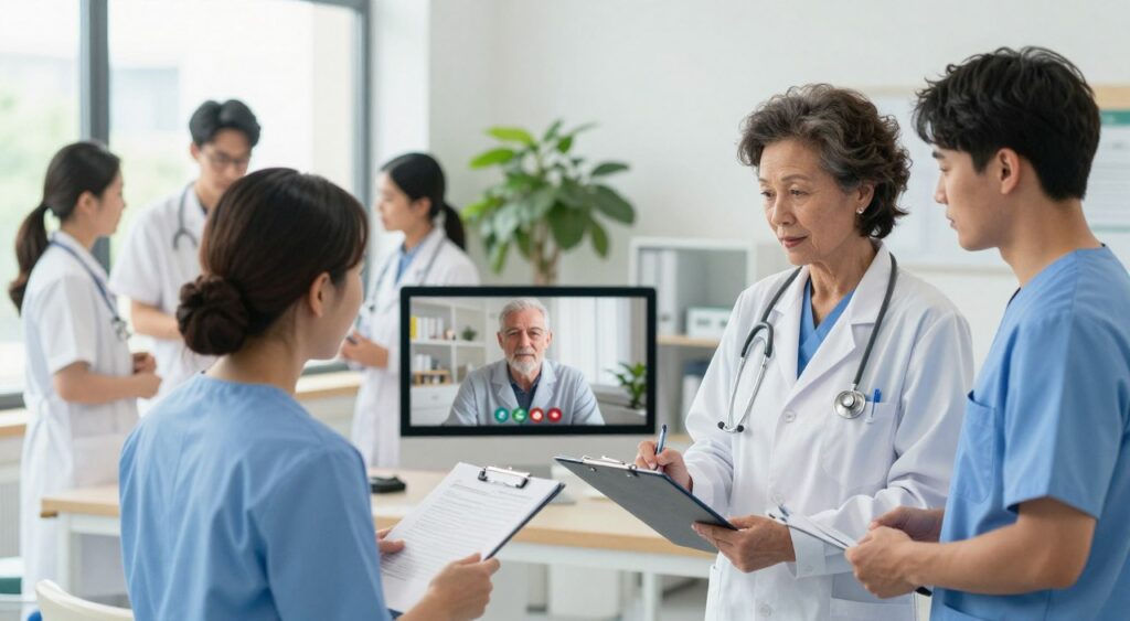 A collaborative healthcare model scene showcasing diverse healthcare professionals interacting in a modern clinic. In the foreground, a middle-aged female doctor in a lab coat and a young male nurse in scrubs discuss a patient’s chart. In the middle ground, a group of healthcare professionals, including a medical assistant and a telehealth specialist, engage in a video consultation with a patient on a large screen. The background features a bright, well-equipped clinic with plants and large windows allowing natural light to flood in, creating a warm, welcoming atmosphere. The overall mood is one of teamwork and professionalism, emphasizing the importance of collaboration in healthcare. The image should be captured from an eye-level angle, highlighting the interactions while maintaining a sense of openness and accessibility.