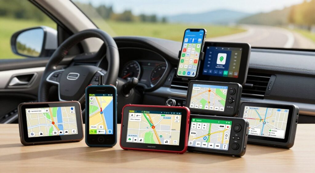 A collection of budget-friendly GPS devices is prominently displayed in the foreground, showcasing various models with sleek designs and user-friendly interfaces. The devices feature vibrant screens showing maps and navigation options, emphasizing their affordability and practicality. In the middle ground, include a well-organized car dashboard with a smartphone mounted beside a GPS unit, illustrating a modern driving setup. The background is softly blurred, suggesting an outdoor environment, perhaps a scenic road or green landscape under bright, natural sunlight. Capture the scene with a warm, inviting atmosphere, using a wide-angle lens to emphasize the devices and their surroundings. The image conveys a sense of reliability and accessibility, appealing to budget-conscious consumers seeking effective navigation solutions for their cars.