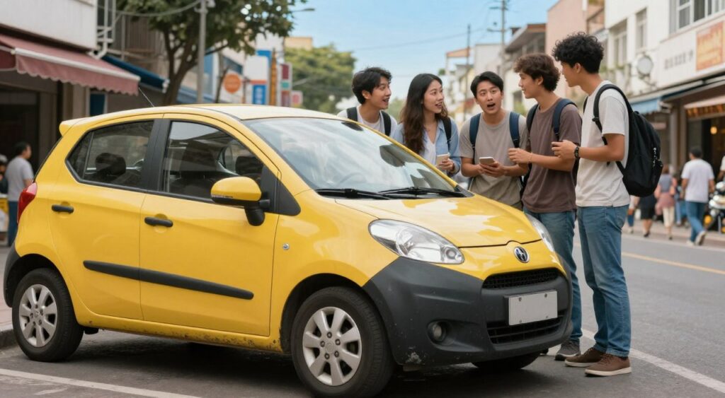 A compact, affordable used car parked in a bustling urban environment, reflecting a sense of practicality and value. In the foreground, the car is brightly colored, showcasing its well-maintained exterior with minor wear, symbolizing a cost-effective choice for everyday travel. In the middle ground, you see a diverse group of young adults dressed in modest casual clothing, discussing and examining the car with expressions of interest and excitement. The background features a lively city street with shops and pedestrians, hinting at a thriving neighborhood atmosphere. The scene is illuminated with soft morning light, captured from a low angle to emphasize the car against a clear blue sky, creating an optimistic and inviting mood. The focus is on the car and the interactions, evoking a sense of community and the benefits of buying used vehicles.
