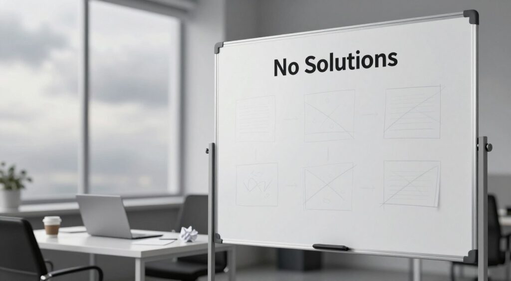 A conceptual representation of "No Solutions" displayed in a minimalist office environment. In the foreground, a large, empty whiteboard stands starkly, with faint ghost outlines of unsuccessful idea notes and crossed-out plans, suggesting brainstorming gone wrong. The middle ground features a sleek, modern desk with a laptop closed, surrounded by crumpled paper and a solitary coffee cup, hinting at frustration. The background shows a blurred window with a cloudy sky, creating a somber mood. Soft, diffused lighting filters through, emphasizing a sense of contemplation and challenge. The angle is slightly tilted, lending to the feeling of unease and unresolved issues, all while maintaining a professional yet slightly chaotic atmosphere. No people are present in the scene.