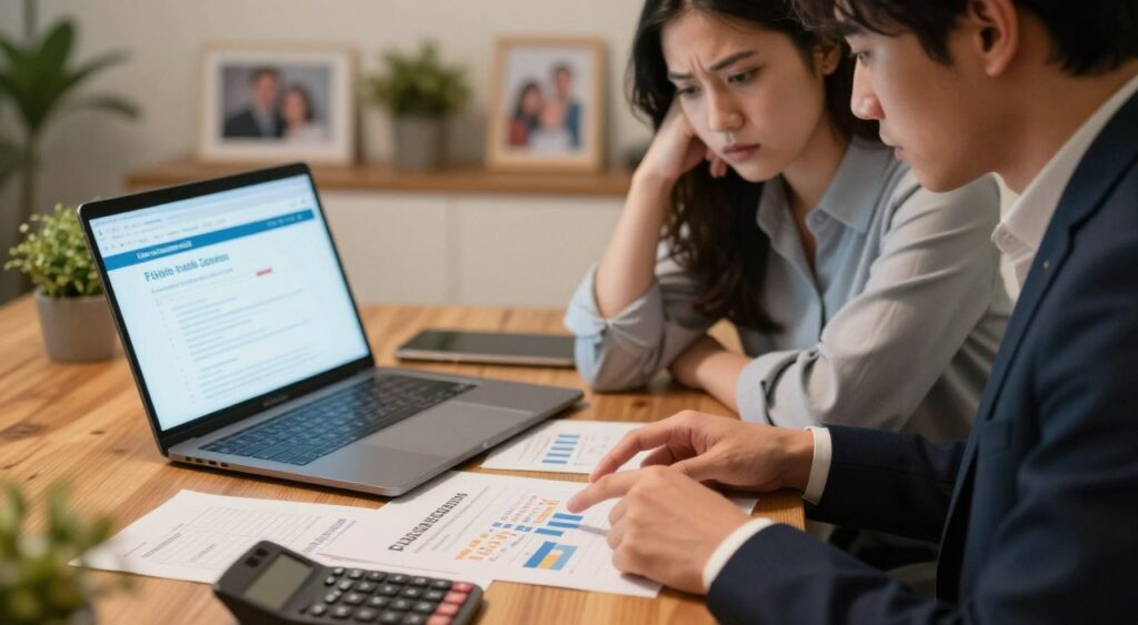 A concerned young couple, dressed in professional business attire, sits at a wooden desk cluttered with a laptop, financial documents, and a calculator, deeply engaged in reviewing their options for auto loans with low credit scores. The foreground features a close-up of their hands pointing at a chart showing loan terms and interest rates. In the middle ground, an open laptop displays a loan application page, glowing softly under warm, diffused lighting. The background reveals a cozy office space with framed family photos and a potted plant, creating a warm and inviting atmosphere. The overall mood is one of cautious optimism, as they prepare to apply for financing amidst financial challenges, with soft focus enhancing the sense of focus and determination.