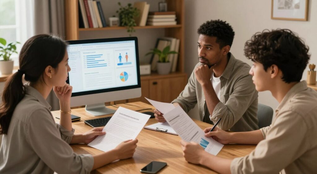 A cozy and inviting home office setting bathed in warm, soft lighting. In the foreground, a diverse group of three individuals (a woman in smart casual attire, a man in business casual, and a young adult in comfortable clothing) gather around a wooden table, engaged in a focused discussion. Each person holds printed pages with charts and notes on self-diagnosis experiences, displaying expressions of contemplation and empathy. In the middle ground, a computer screen glows with research documents and health-related visuals. Various books on wellness and self-help line the shelves in the background, while a potted plant adds a touch of nature. The atmosphere is supportive and encouraging, reflecting a community of understanding and shared journeys. Aim for an engaging, uplifting composition, captured from a slightly elevated angle to include all elements clearly.