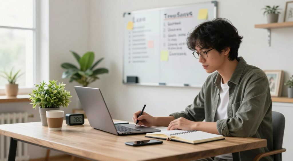 A cozy and organized home office scene illustrating remote work productivity tips. In the foreground, a person dressed in smart casual attire, sitting at a stylish desk, focused on their laptop while taking notes in a planner. On the desk, there are productivity tools like a plant, a coffee cup, and a digital clock. The middle ground features a whiteboard with well-organized notes and to-do lists, conveying a structured environment. The background reveals a bright and airy room with a window letting in natural light and some green plants, symbolizing a balanced work-life harmony. The mood is inspiring and calm, encouraging creativity and productivity. The angle captures the scene from a slight side view, creating depth and focus on the individual’s engagement with their work.