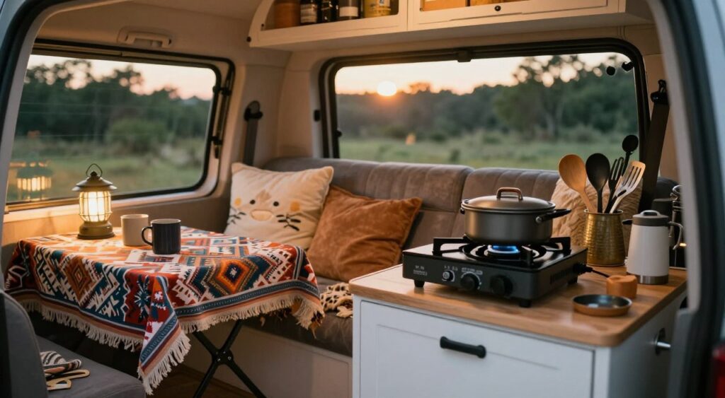 A cozy camping car interior filled with essential accessories for comfort during travel. In the foreground, a compact kitchen area with a portable stove, cookware, and utensils arranged neatly. To the left, a foldable table with colorfully patterned tablecloth, showcasing camping mugs and a lantern. The middle section features a comfortable seating area with plush cushions and a cozy blanket, inviting relaxation. In the background, large windows reveal a serene outdoor scene with trees and a sunset glowing softly, casting warm light into the space. The atmosphere is warm and inviting, embodying a sense of adventure and comfort. Capture the image from a slight angle to enhance depth and perspective, focusing on natural lighting to create a homely vibe.