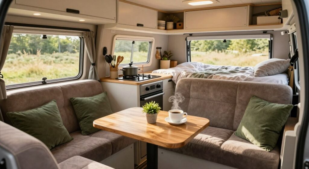 A cozy camping car interior, showcasing comfort and functionality. In the foreground, a plush seating area with soft, removable cushions, featuring earthy tones like taupe and forest green. An elegant wooden table is set with a steaming cup of coffee and a small potted plant for a homey touch. In the middle, a well-organized kitchenette with smooth countertops, a compact stove, and neatly arranged utensils and cookware. Natural light streams in through large windows, creating a warm, inviting atmosphere. In the background, a compact but tidy sleeping area with neatly made bedding, soft lighting, and personalized decor elements. The overall mood is tranquil and welcoming, perfect for a comforting travel experience.