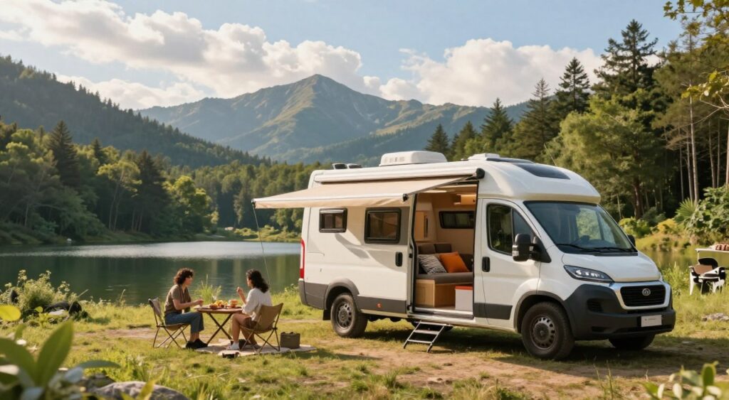 A cozy camping vehicle parked in a serene natural setting. In the foreground, a well-equipped camper van features large windows and an extendable awning, showcasing outdoor seating with colorful cushions, a camping table, and a BBQ grill. In the middle ground, a lush green forest surrounds the vehicle, with a calm lake reflecting the blue sky. A couple in modest casual clothing is seen enjoying a meal outside, enhancing the adventure vibe. The background presents majestic mountains under a bright, sunny sky with soft, fluffy clouds. The scene is illuminated with warm, golden sunlight creating a welcoming atmosphere. A slight wide-angle perspective captures the harmonious blend of the camper and its picturesque surroundings.