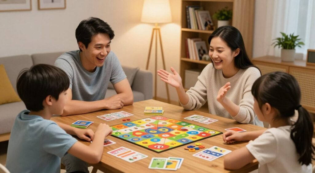 A cozy family gathering around a wooden dining table filled with colorful board games and card games. In the foreground, a cheerful family of four—parents and two children—are smiling and engaged, playing a game. The father, casually dressed in a t-shirt and jeans, leans forward with excitement, while the mother, in a comfortable sweater, gestures as she explains the rules. In the middle ground, vibrant game pieces and cards scatter across the table, adding pops of color. The background features a warm living room setting with soft lighting from a floor lamp casting a gentle glow, creating an inviting atmosphere. A bookshelf with family-friendly books and plants adds to the cozy feel. Capture this lively moment from a slightly elevated angle, showcasing the family’s joy and togetherness in a safe, friendly environment. A cozy family gathering around a wooden dining table filled with colorful board games and card games. In the foreground, a cheerful family of four—parents and two children—are smiling and engaged, playing a game. The father, casually dressed in a t-shirt and jeans, leans forward with excitement, while the mother, in a comfortable sweater, gestures as she explains the rules. In the middle ground, vibrant game pieces and cards scatter across the table, adding pops of color. The background features a warm living room setting with soft lighting from a floor lamp casting a gentle glow, creating an inviting atmosphere. A bookshelf with family-friendly books and plants adds to the cozy feel. Capture this lively moment from a slightly elevated angle, showcasing the family’s joy and togetherness in a safe, friendly environment.