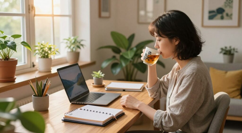 A cozy home office scene centered on a professional person in casual business attire, sitting comfortably at a stylish wooden desk. They are sipping herbal tea from a beautifully designed mug, surrounded by lush indoor plants and soft cushions. In the foreground, a planner and a laptop with a serene background on the screen add a touch of productivity. The middle ground contains an open window letting in warm, golden sunlight, highlighting the calming atmosphere. In the background, soft art prints adorn the walls, contributing to a peaceful vibe. The lighting is soft and natural, creating an inviting and tranquil environment. The image captures the essence of self-care and work-life balance in a remote working setting.
