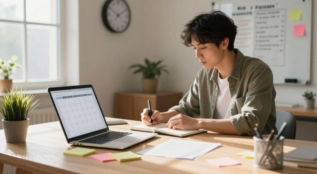 A cozy home office scene illustrating effective time management strategies for remote workers. In the foreground, a neatly organized desk with a laptop open to a digital calendar, surrounded by colorful sticky notes and a small potted plant. In the middle ground, a professional individual in modest casual clothing is actively engaged in work, using a notepad to jot down priorities. The background features a well-lit window with natural light streaming in, casting soft shadows. Subtle elements like a clock on the wall showing time management and a whiteboard filled with organized tasks enhance the atmosphere. The overall mood is focused and productive, with a warm, inviting color palette emphasizing tranquility and motivation.