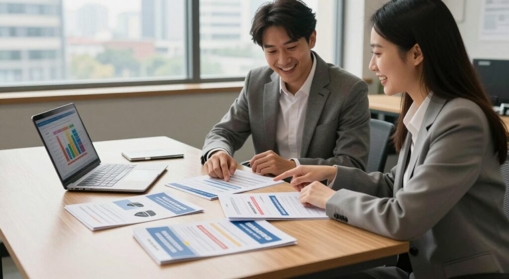 A cozy, professional office space is the backdrop, filled with natural light from a large window overlooking a cityscape. In the foreground, a table is neatly arranged with various car insurance brochures, each featuring different coverage options and benefits. A sleek laptop is open, displaying a colorful comparison chart of insurance plans. In the middle ground, a male and female automotive expert in business attire are engaged in a discussion, pointing at the brochures and laughing, showcasing a collaborative environment. The mood is informative yet relaxed, conveying a sense of trust and clarity. Soft shadows accentuate the scene, with a warm color palette that adds to the inviting atmosphere.