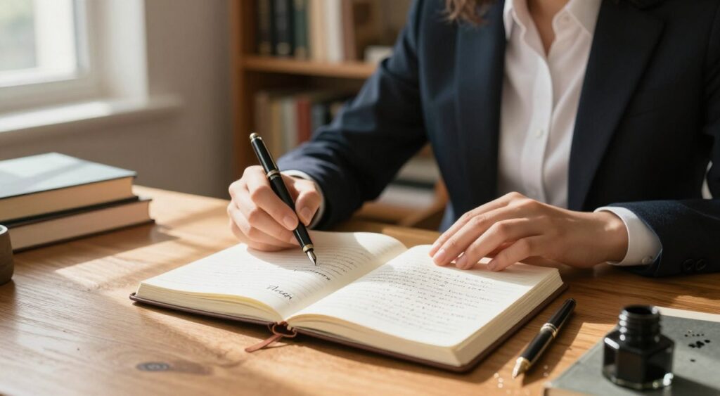 A cozy workspace filled with writing essentials. In the foreground, a polished wooden desk with an open notebook, showcasing neatly handwritten text illustrating the effective use of "that." A vintage fountain pen lies beside the notebook, with ink splatters adding a creative touch. In the middle, a thoughtful individual, dressed in professional business attire, sits at the desk, intently examining the notebook. Soft natural light streams in from a nearby window, casting gentle shadows, creating an inviting atmosphere. In the background, bookshelves filled with writing guides and literary classics suggest a world of knowledge. The overall mood is focused and inspiring, highlighting the art of effective writing with intent.