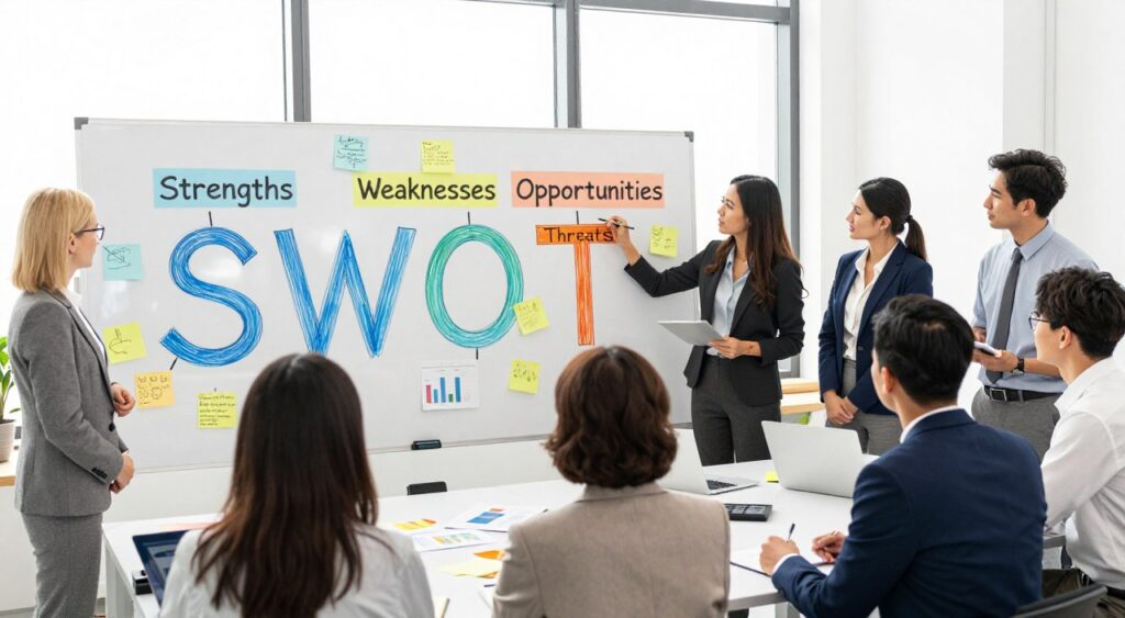 A creative and visually appealing representation of a SWOT analysis. In the foreground, a diverse group of professional individuals in business attire, gathered around a large, colorful whiteboard filled with sections labeled "Strengths," "Weaknesses," "Opportunities," and "Threats," emphasizing collaboration. In the middle ground, scattered notes and charts show various ideas, highlighting energetic brainstorming sessions. The background features a vibrant office environment with large windows letting in natural light, creating a bright and optimistic atmosphere. Use a wide-angle perspective to capture the entire scene, with soft lighting that enhances the mood of inspiration and growth, encouraging individuals to identify their personal strengths and weaknesses.