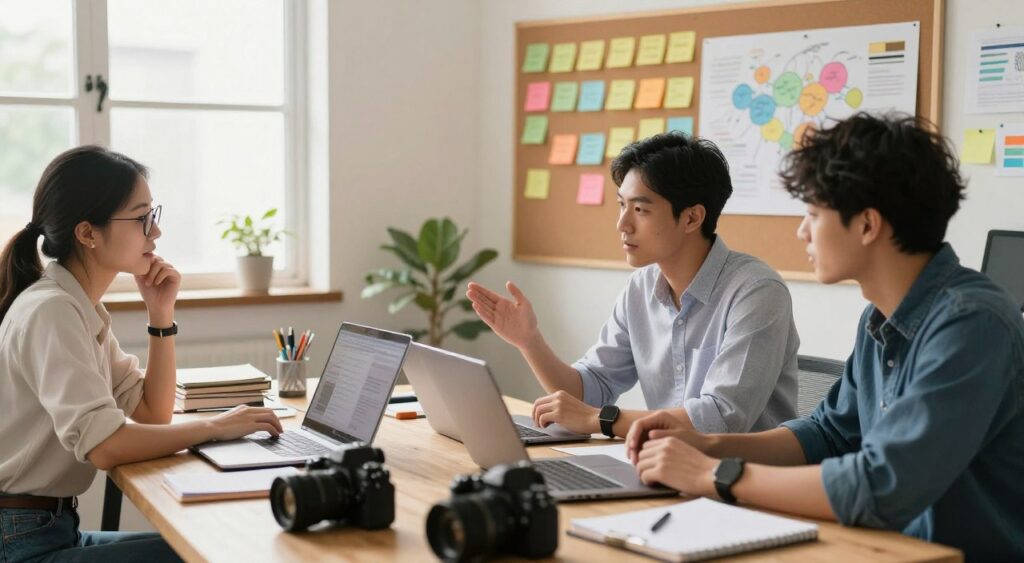 A creative workspace filled with various content creation tools, featuring a large desk cluttered with laptops, notebooks, and cameras. In the foreground, a diverse group of three professionals – a woman with glasses in a smart blouse, a man in a tailored shirt, and a young individual in casual wear – engage in a brainstorming session, actively discussing ideas. The middle ground showcases sticky notes and colorful mind maps pinned on a corkboard, symbolizing collaboration. The background reveals a window with soft, natural light pouring in, illuminating the space and creating a warm, inviting atmosphere. The overall mood is dynamic and inspiring, capturing the essence of teamwork and creativity in content creation. A creative workspace filled with various content creation tools, featuring a large desk cluttered with laptops, notebooks, and cameras. In the foreground, a diverse group of three professionals – a woman with glasses in a smart blouse, a man in a tailored shirt, and a young individual in casual wear – engage in a brainstorming session, actively discussing ideas. The middle ground showcases sticky notes and colorful mind maps pinned on a corkboard, symbolizing collaboration. The background reveals a window with soft, natural light pouring in, illuminating the space and creating a warm, inviting atmosphere. The overall mood is dynamic and inspiring, capturing the essence of teamwork and creativity in content creation.