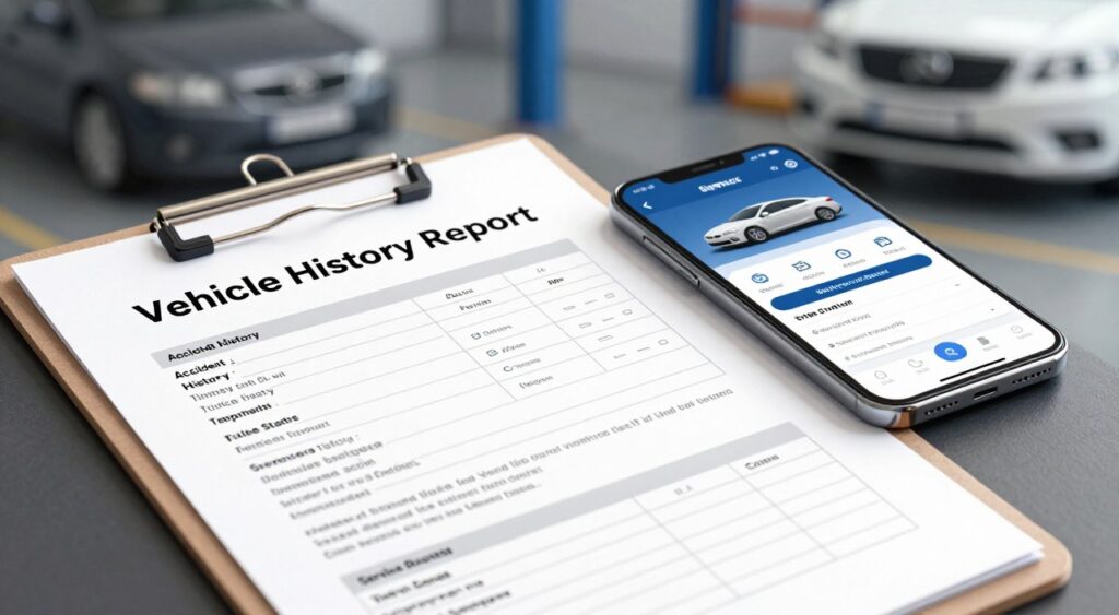 A detailed and informative illustration depicting the key components of a vehicle history report. In the foreground, show a clipboard with a neatly organized vehicle history report, showcasing sections like accident history, title status, and service records. The middle layer includes a smartphone displaying a vehicle report app, emphasizing technological integration in vehicle history checks. In the background, include subtle hints of a garage environment, with blurred vehicle outlines to imply an automotive setting. Use soft, ambient lighting to create a professional and trustworthy atmosphere, capturing the essence of informed purchasing. The camera angle should be slightly tilted downward to focus on the report and smartphone, while maintaining a clean and organized space.