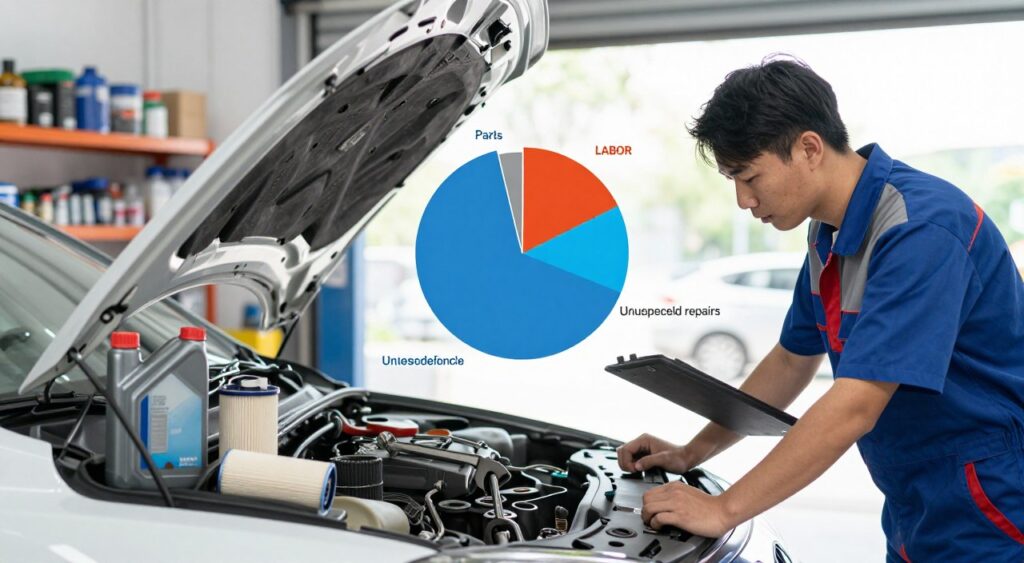 A detailed and informative infographic depicting car maintenance costs. In the foreground, a mechanic in professional attire is inspecting a car hood, surrounded by various tools and maintenance items like oil cans, wrenches, and filters. In the middle ground, a pie chart illustrates the breakdown of costs, with sections labeled for parts, labor, and unexpected repairs. The background features a well-lit auto shop with shelves stocked with car supplies, and a large window letting in natural light that highlights the scene. The mood is analytical and informative, emphasizing the importance of understanding car ownership expenses. The image should have a professional look, with a clean and organized layout, showcasing a blend of practical and educational elements without any text or distractions.