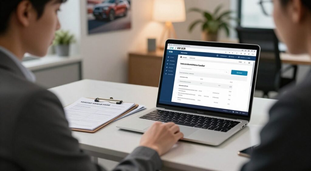 A detailed and informative scene depicting a Vehicle Identification Number (VIN) lookup process. In the foreground, a focused person in professional business attire, sitting at a sleek, modern desk, looking intently at a laptop screen. The screen displays a vibrant interface of a VIN recall lookup website, featuring clear text fields and highlighted results. In the middle ground, a clipboard with a VIN registration form and a few safety brochures related to car recalls are scattered on the desk. The background shows a well-lit, contemporary office space with automotive posters and a potted plant, giving a sense of professionalism and intense focus. Use warm, inviting lighting to create a calm atmosphere, with a slightly blurred depth of field to emphasize the foreground.