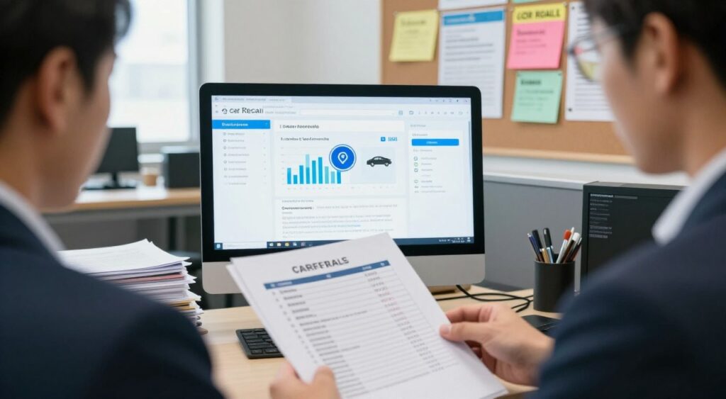 A detailed and informative scene depicting the car recall process, with a close-up view of a well-organized office setting in the foreground. A professional, middle-aged man in business attire reviews documents related to vehicle safety recalls, focusing on a chart displaying specific car models and their recall status. In the middle, a large computer screen shows an online portal for tracking recalls, highlighted with graphs and safety icons, radiating a glow from the screen. The background features shelves lined with safety manuals and a bulletin board pinned with colorful notices alerting about different recalls, creating an atmosphere of diligence and awareness. Soft, natural lighting from a nearby window enhances the clarity of the scene, evoking a sense of urgency and importance in understanding the recall process.
