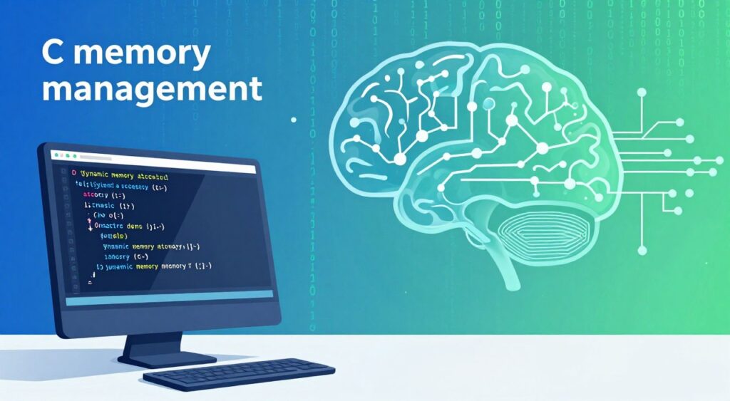 A detailed and vibrant illustration of "C memory management," featuring a sleek digital landscape. In the foreground, a simulated computer screen displays blocks representing dynamic memory allocation with arrows indicating pointers in C code. The middle ground showcases an abstract brain composed of interconnected nodes and circuits, symbolizing intelligent memory usage. In the background, a soft gradient of blue and green hues emphasizes a tech-savvy atmosphere, with binary code subtly cascading downwards. The lighting is bright and focused on the computer screen, casting gentle shadows to create depth. The image evokes a sense of productivity and innovation, highlighting the intricate world of memory management in programming.