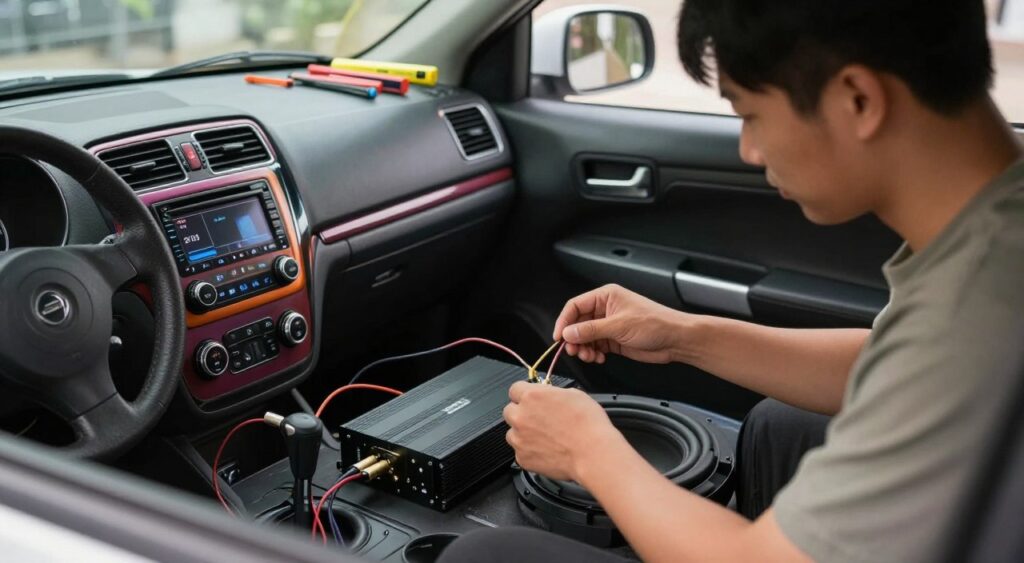 A detailed car audio installation setup featuring a professional technician in modest casual clothing working on a vehicle's interior. In the foreground, focus on the technician carefully connecting wires to a sleek amplifier and a subwoofer, showcasing cable management skills. The middle section displays a vibrant dashboard with a high-end car stereo system, buttons illuminated softly to highlight their features. In the background, a well-organized workspace with tools and accessories is visible, adding context to the installation process. Soft, natural lighting filters through the car windows, creating an inviting atmosphere. The camera angle is slightly above eye level, giving a clear view of the technician’s meticulous work while capturing the depth of the car’s interior.