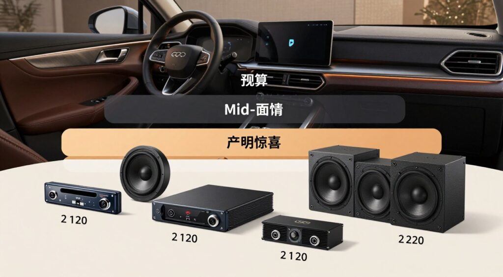 A detailed car audio system cost breakdown illustration, featuring an elegant and organized layout. In the foreground, place a diagram showcasing various audio components such as head units, speakers, amplifiers, and subwoofers with clearly labeled price tags. In the middle, include tiered sections comparing budget, mid-range, and high-end audio setups, using distinct colors for better visual clarity. The background should depict a stylish car interior with ambient lighting that complements the visual scheme, evoking a modern, tech-savvy atmosphere. Use a slight overhead angle to capture the entire setup, enhancing the feeling of depth. Aim for a neutral, informative mood focused on budget planning without any text or distractions.