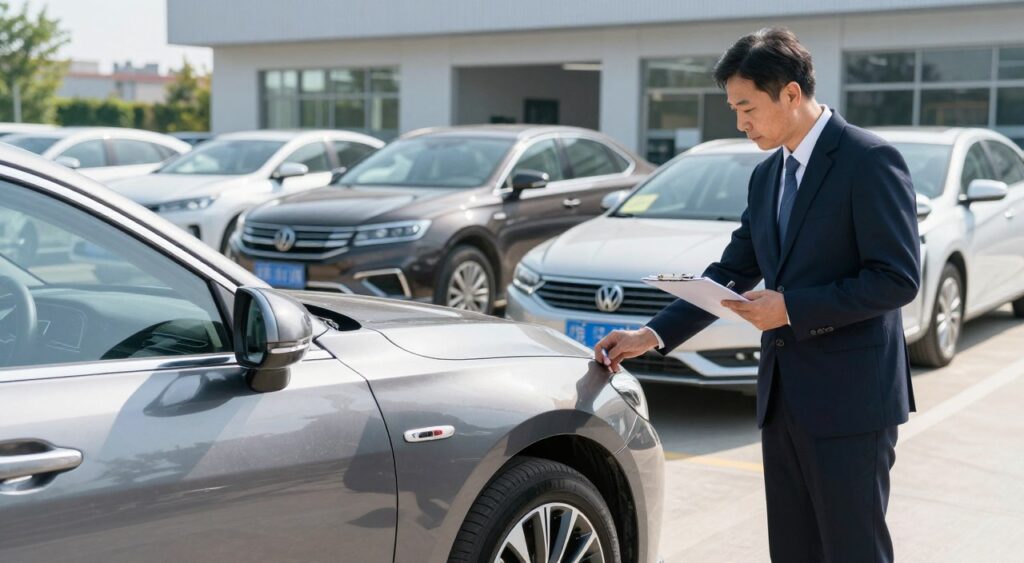 A detailed car rental inspection scene showcases a professional car inspector examining a sleek sedan in a well-lit rental lot. In the foreground, the inspector, a middle-aged person in smart business attire, checks the vehicle's tires and exterior for any signs of wear or damage, using a clipboard and pen. In the middle ground, various rental cars are parked neatly, some with visible price tags, casting soft shadows in the morning sun. The background features a clean and organized rental office building with a welcoming atmosphere. The scene conveys a sense of professionalism and diligence, with bright, natural lighting illuminating the area, showcasing the importance of thorough inspections for a smooth car rental experience. A detailed car rental inspection scene showcases a professional car inspector examining a sleek sedan in a well-lit rental lot. In the foreground, the inspector, a middle-aged person in smart business attire, checks the vehicle's tires and exterior for any signs of wear or damage, using a clipboard and pen. In the middle ground, various rental cars are parked neatly, some with visible price tags, casting soft shadows in the morning sun. The background features a clean and organized rental office building with a welcoming atmosphere. The scene conveys a sense of professionalism and diligence, with bright, natural lighting illuminating the area, showcasing the importance of thorough inspections for a smooth car rental experience.