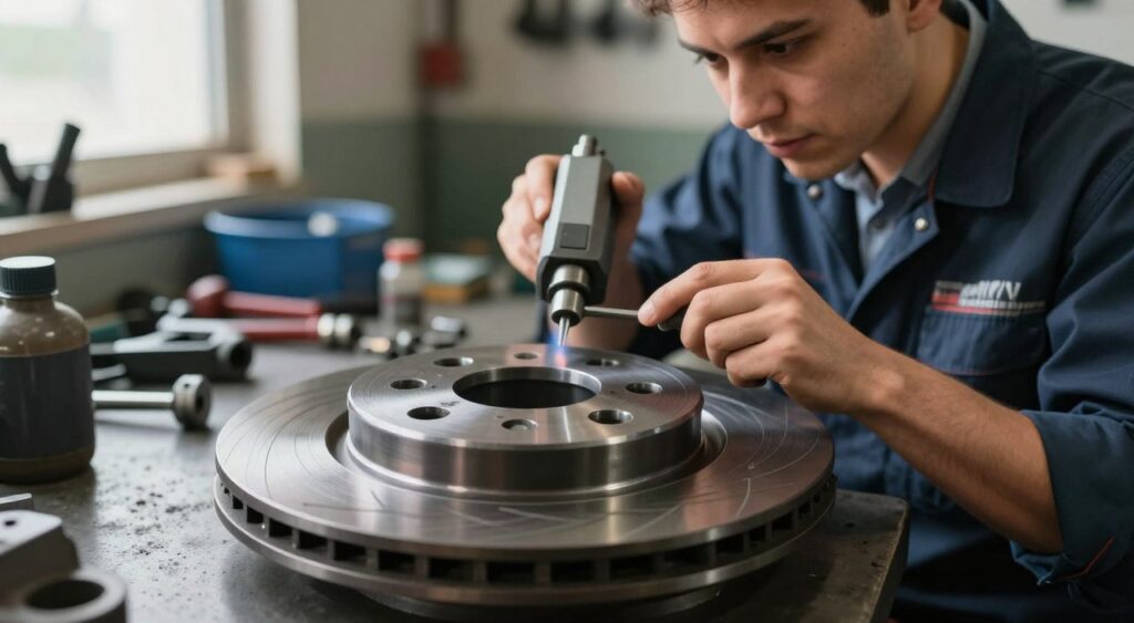 A detailed close-up of a brake rotor being resurfaced on a workshop bench. In the foreground, focus on the brake rotor, showcasing its intricate surface texture and the machining tools such as a lathe or a grinding machine. The middle ground features a mechanic in professional business attire, carefully monitoring the resurfacing process, with a look of concentration on their face. The background includes various automotive tools and equipment, creating an organized and well-lit garage atmosphere. Soft, natural light filters through a nearby window, casting gentle shadows that emphasize the mechanical details. The mood is focused and industrious, reflecting the precision involved in brake repairs.