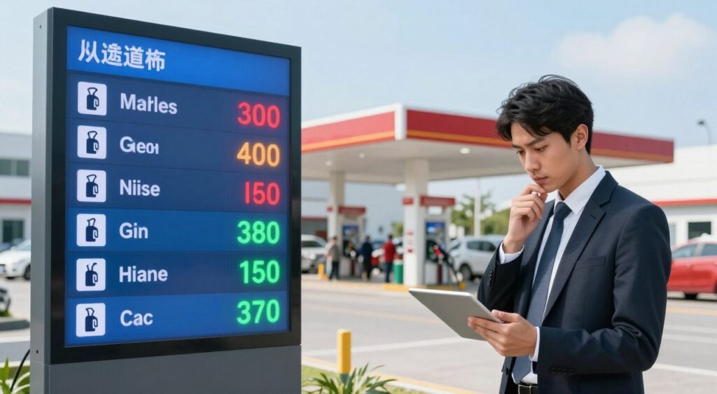 A detailed comparison of fuel prices displayed on a large, modern digital screen, prominently featured in the foreground. The screen shows various prices with icons representing different types of fuel (gasoline, diesel, etc.) and varies by region, emphasizing the impact of taxes. In the middle ground, a business professional dressed in smart attire analyzes data on a tablet, looking thoughtful and engaged. In the background, a bustling gas station filled with vehicles and shoppers, under a bright blue sky with soft natural lighting. The atmosphere is informative and dynamic, with a sense of urgency around fuel price awareness, reflecting contemporary economic discussions. The image has a clear focus and balanced composition, inviting viewers to consider the complexities of fuel pricing.