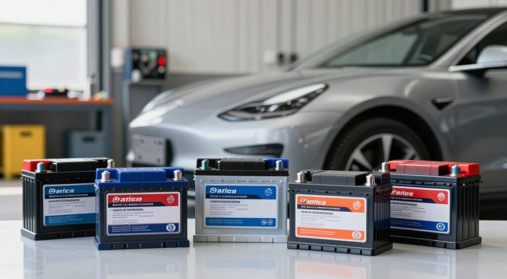 A detailed composition showcasing various car batteries from top brands, prominently displayed in the foreground on a clean, reflective surface. Each battery features distinctive brand colors and labels, arranged artistically to highlight their unique designs. In the middle, a sleek modern vehicle is partially visible, indicating the context of a car battery's importance. The background is softly blurred, showcasing a well-lit garage environment with tools and vehicle parts, emphasizing a professional and organized workspace. The lighting is bright and natural, creating a welcoming atmosphere. Utilize a slightly elevated angle to capture the products in the foreground while still revealing the vehicle, evoking a sense of clarity and purpose in choosing the right battery.