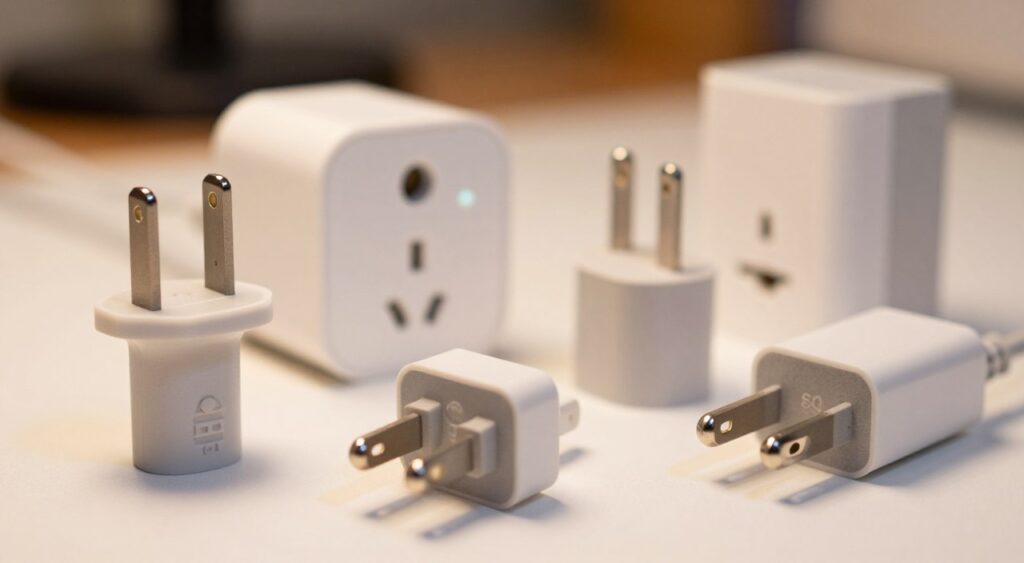 A detailed display of various electrical plug types, arranged artistically on a clean, white surface to emphasize their unique shapes and features. In the foreground, feature a standard U.S. plug, a European two-pin plug, and a UK three-pin plug, all showcasing their intricate designs. In the middle, add a smart plug with LED indicators, slightly angled for depth, and a portable power adapter. The background should be softly blurred to keep the focus on the plugs, with a warm, inviting lighting that highlights the textures and materials. Capture the scene with a macro lens that creates a sense of intimacy with the technology while maintaining a professional atmosphere, ideal for showcasing innovations in plug technology. A detailed display of various electrical plug types, arranged artistically on a clean, white surface to emphasize their unique shapes and features. In the foreground, feature a standard U.S. plug, a European two-pin plug, and a UK three-pin plug, all showcasing their intricate designs. In the middle, add a smart plug with LED indicators, slightly angled for depth, and a portable power adapter. The background should be softly blurred to keep the focus on the plugs, with a warm, inviting lighting that highlights the textures and materials. Capture the scene with a macro lens that creates a sense of intimacy with the technology while maintaining a professional atmosphere, ideal for showcasing innovations in plug technology.