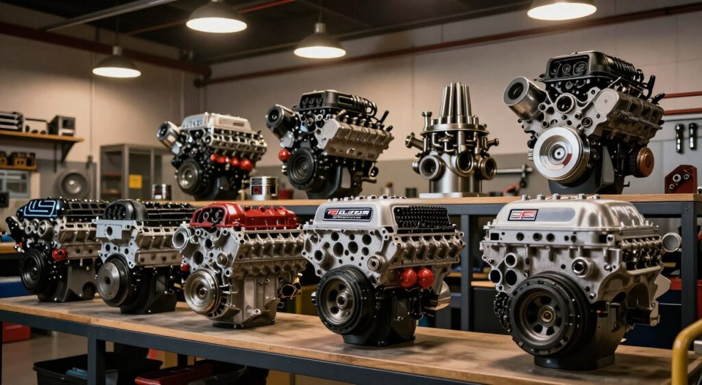 A detailed display of various truck engine options arranged artistically in a well-lit automotive workshop. In the foreground, showcase a selection of engine blocks, both gas and diesel, with visible decals indicating their horsepower and torque ratings. In the middle ground, illustrate tools and engine components like pistons and crankshafts, artfully integrated to suggest a hands-on exploration. In the background, warm ambient lighting emanates from overhead workshop lights, creating a professional and inviting atmosphere. Use a slightly low angle to give depth to the scene, enhancing the rugged elegance of the truck engines. The overall mood should evoke a sense of technical expertise and passion for automotive engineering.