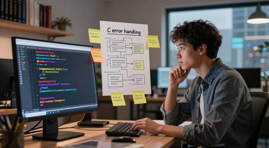 A detailed illustration of "C error handling" concepts in a professional context. In the foreground, a computer screen displays code snippets in bright colors, highlighting error messages like "Segmentation Fault" or "Null Pointer Exception." In the middle, a focused software developer, dressed in smart casual attire, reviews the code with a thoughtful expression, surrounded by sticky notes and error-handling flowcharts. The background features a sleek office environment with shelves of programming books and a soft-focus window revealing a tech cityscape outside. The lighting is warm, casting an ambient glow over the workspace, creating an atmosphere of productivity and concentration. The angle captures the developer and the screen in a dynamic composition, emphasizing the critical role of error handling in programming.