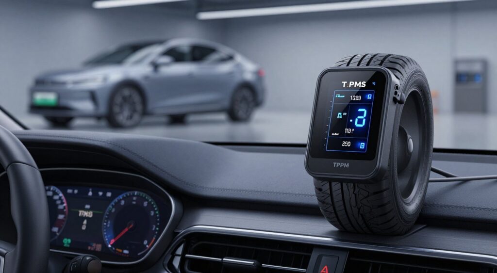 A detailed illustration of a Tire Pressure Monitoring System (TPMS) displayed prominently in the foreground, showcasing its digital display with clear tire pressure readings. The middle ground features a modern car dashboard, emphasizing the integration of TPMS within vehicle controls. The background includes a blurred image of a car parked in a garage with soft ambient lighting to create a sleek and professional atmosphere. The scene captures the elegance of modern automotive technology, with a cool color palette of blues and grays. Lighting should be soft but illuminating the TPMS screen, with a shallow depth of field to focus on the monitoring system, highlighting its importance in vehicle safety. A detailed illustration of a Tire Pressure Monitoring System (TPMS) displayed prominently in the foreground, showcasing its digital display with clear tire pressure readings. The middle ground features a modern car dashboard, emphasizing the integration of TPMS within vehicle controls. The background includes a blurred image of a car parked in a garage with soft ambient lighting to create a sleek and professional atmosphere. The scene captures the elegance of modern automotive technology, with a cool color palette of blues and grays. Lighting should be soft but illuminating the TPMS screen, with a shallow depth of field to focus on the monitoring system, highlighting its importance in vehicle safety.