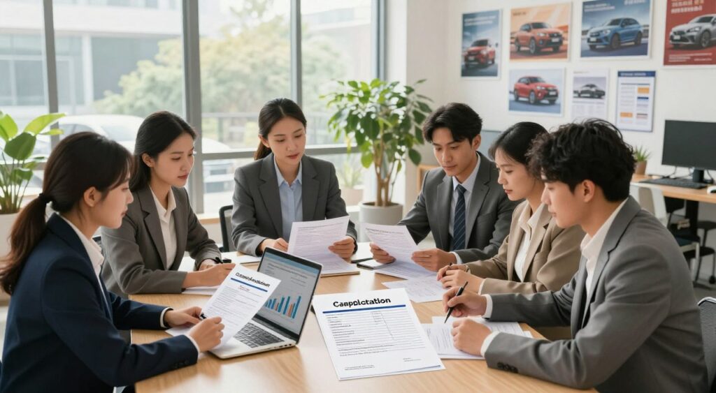 A detailed illustration of a car loan application process inside a modern office environment. In the foreground, a diverse group of professionals in business attire are discussing and reviewing documents at a conference table strewn with application papers and a laptop displaying financial charts. The middle ground features a large window with natural light streaming in, illuminating the room filled with plants and motivational posters. The background shows a wall with various car models and brochures, emphasizing the automotive theme. The atmosphere is focused and collaborative, conveying a sense of professionalism and clarity. Use warm lighting to create an inviting mood and a slightly elevated angle to capture both the table and the bustling office environment harmoniously. A detailed illustration of a car loan application process inside a modern office environment. In the foreground, a diverse group of professionals in business attire are discussing and reviewing documents at a conference table strewn with application papers and a laptop displaying financial charts. The middle ground features a large window with natural light streaming in, illuminating the room filled with plants and motivational posters. The background shows a wall with various car models and brochures, emphasizing the automotive theme. The atmosphere is focused and collaborative, conveying a sense of professionalism and clarity. Use warm lighting to create an inviting mood and a slightly elevated angle to capture both the table and the bustling office environment harmoniously.